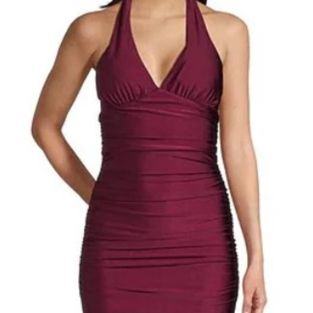 Juniors Honey & Rosie Halter V-Neck Tie Back Cummerbund Waist Gown Wine Size XS